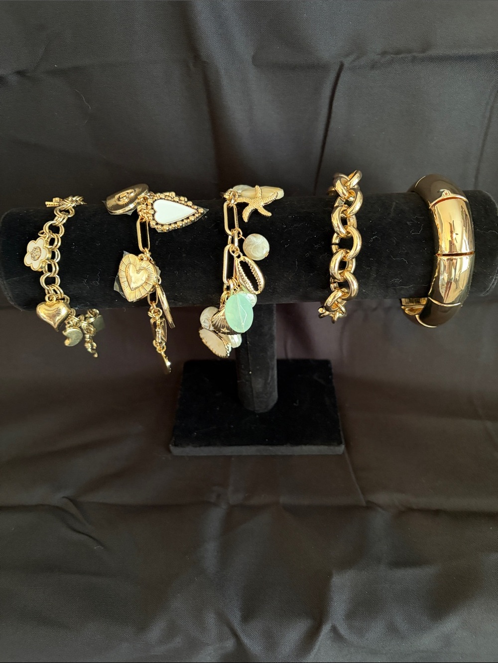 Gold Tone Charm Bracelet Set with Green and White Accents
